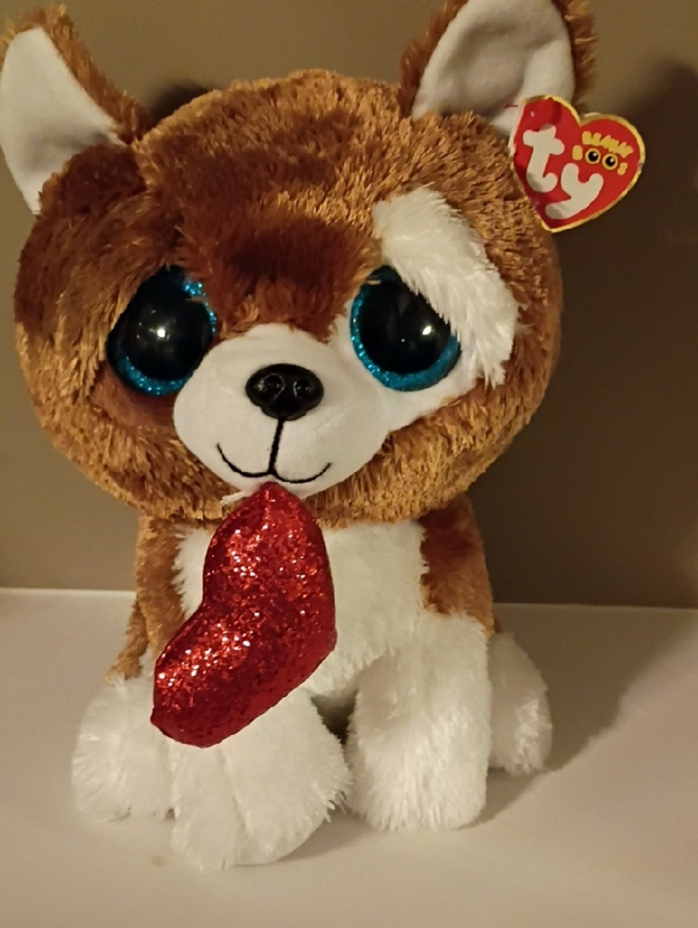 Ty Brown & White Plush Dog with Blue Eyes and Red Glitter Heart